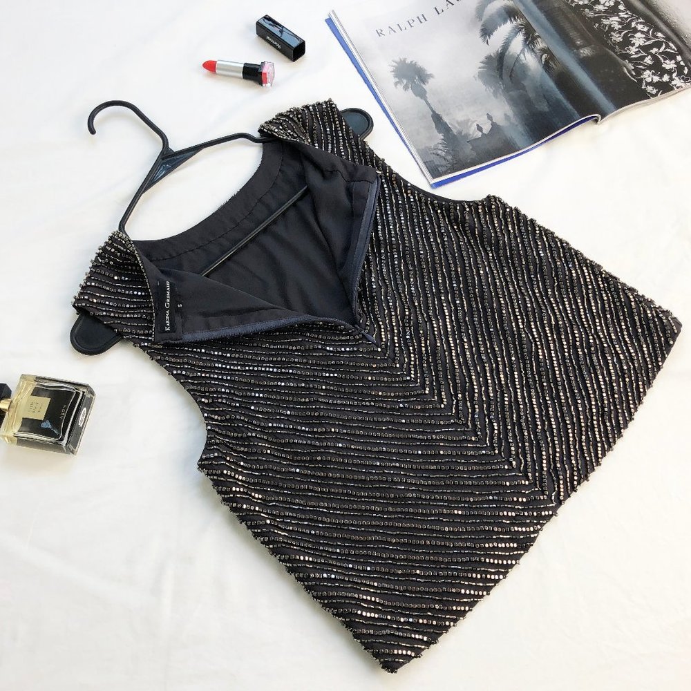Gorgeous Fancy classy top, bead embroidery sleeveless blouse S, gray silk top - Picture 7 of 15